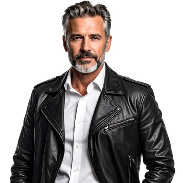 Detalle de chaqueta de cuero negra con camisa blanca